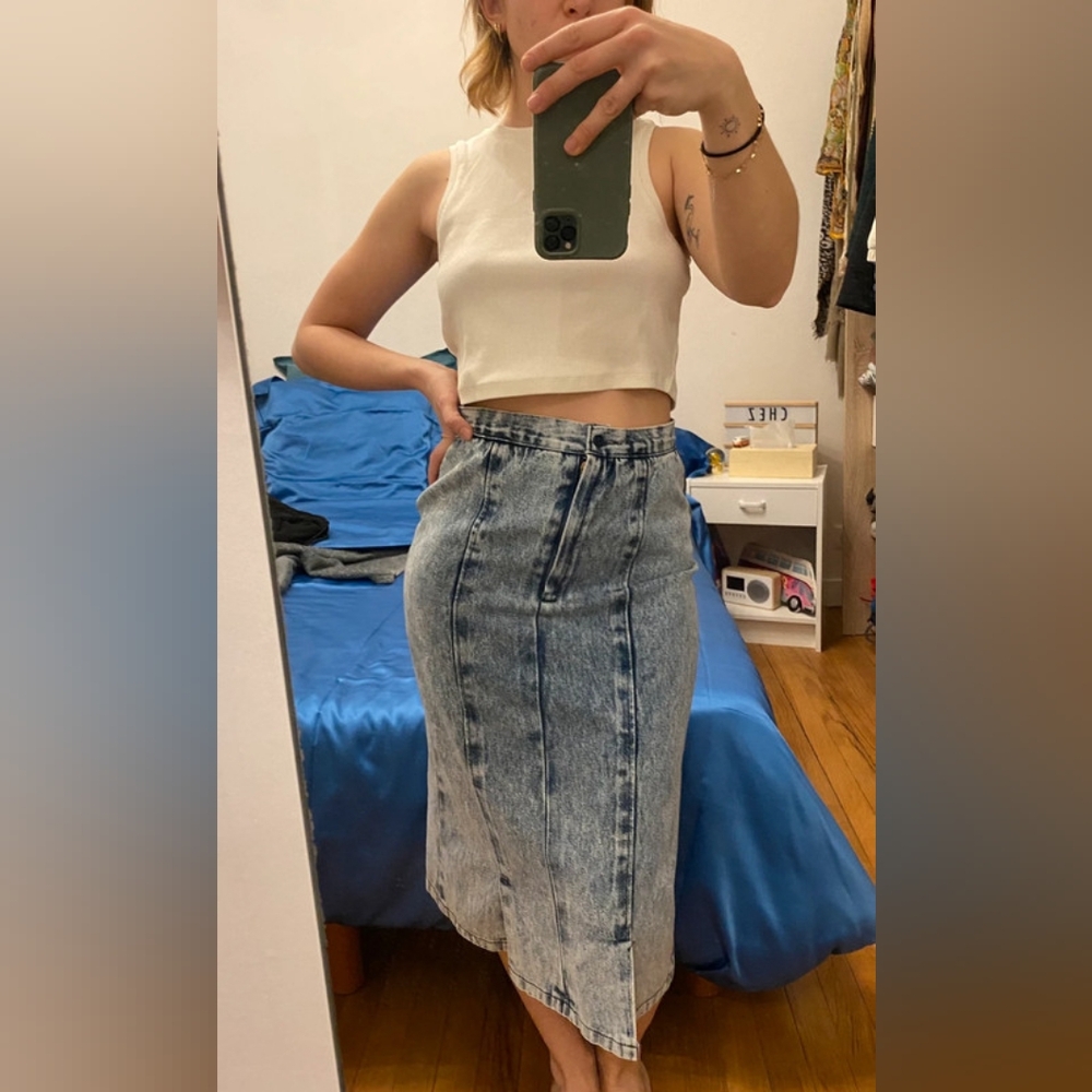 White Crop Top and Denim Skirt
